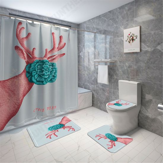 Cartoon Deer Printed Waterproof Shower Curtain Set Non-slip Bath Mat Toilet Floor Mat Set