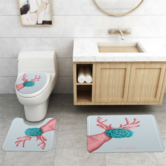 Cartoon Deer Printed Waterproof Shower Curtain Set Non-slip Bath Mat Toilet Floor Mat Set