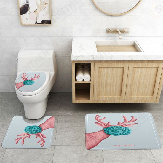 Cartoon Deer Printed Waterproof Shower Curtain Set Non-slip Bath Mat Toilet Floor Mat Set