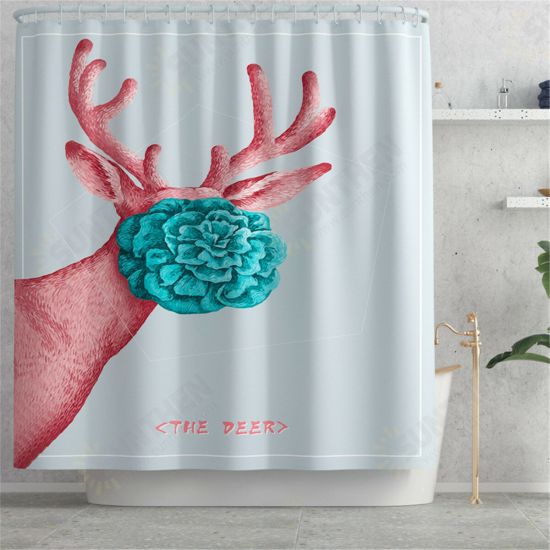 Cartoon Deer Printed Waterproof Shower Curtain Set Non-slip Bath Mat Toilet Floor Mat Set