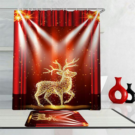 Christmas Elk Waterproof Shower Curtain Set Anti-slip Non-toxic Toilet Rug Mat Toilet Lid Cover Set