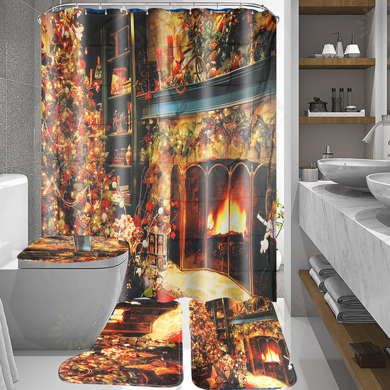 Christmas Shower Curtain Set Fireplace Christmas Tree Waterproof Polyester Fabric Non-slip Bath Mat Set