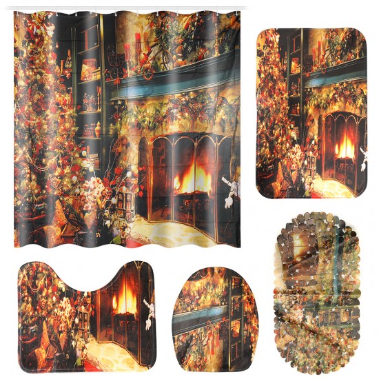 Christmas Shower Curtain Set Fireplace Christmas Tree Waterproof Polyester Fabric Non-slip Bath Mat Set