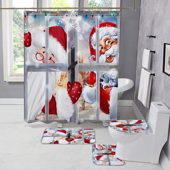 Christmas Style Shower Curtain Santa Claus Three-piece Four-piece Bathroom Mat Set Waterproof Toilet Mat Set