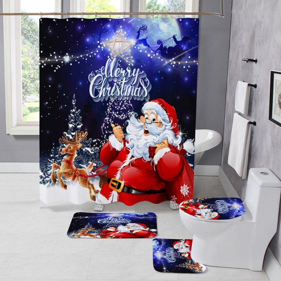Christmas Style Shower Curtain Santa Claus Three-piece Four-piece Bathroom Mat Set Waterproof Toilet Mat Set