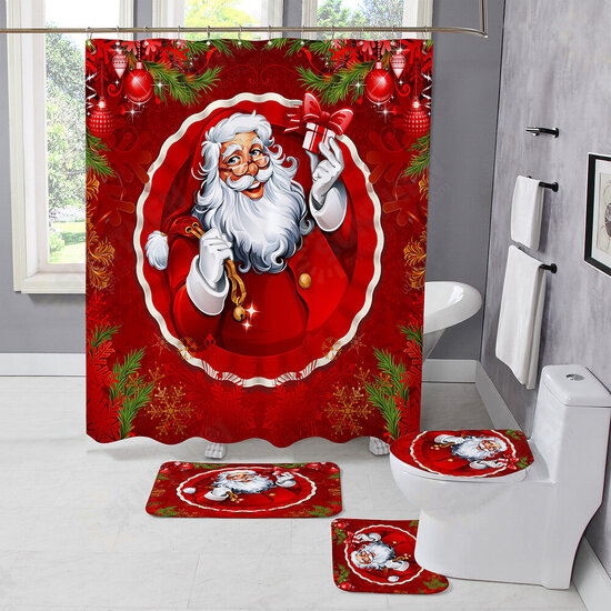 Christmas Style Shower Curtain Santa Claus Three-piece Four-piece Bathroom Mat Set Waterproof Toilet Mat Set