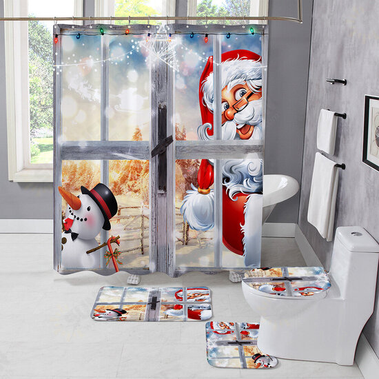 Christmas Style Shower Curtain Santa Claus Three-piece Four-piece Bathroom Mat Set Waterproof Toilet Mat Set