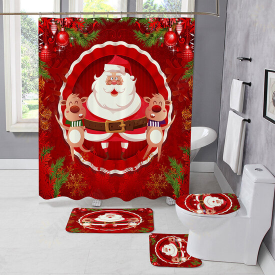 Christmas Style Shower Curtain Santa Claus Three-piece Four-piece Bathroom Mat Set Waterproof Toilet Mat Set