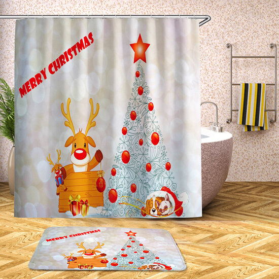 Christmas Tree Xmas Bathroom Shower Curtain Toilet Cover Rug Floor Bath Mat