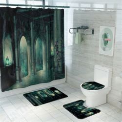 Dark Castle Printed Waterproof Shower Curtain Anti-slip Toilet Mat Carpet Set Dark Castle Printed Waterproof Shower Curtain Anti-slip Toilet Mat Carpet Set