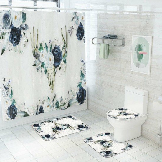 Elk Flower Printing Shower Curtain Floor Mat Four-Piece Combination Bathroom Mat Set
