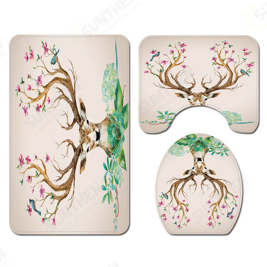 Elk Flower Printing Shower Curtain Floor Mat Four-Piece Combination Bathroom Mat Set