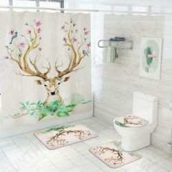 Elk Flower Printing Shower Curtain Floor Mat Four-Piece Combination Bathroom Mat Set Elk Flower Printing Shower Curtain Floor Mat Four-Piece Combination Bathroom Mat Set