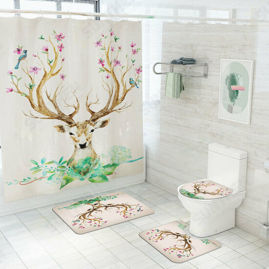 Elk Flower Printing Shower Curtain Floor Mat Four-Piece Combination Bathroom Mat Set