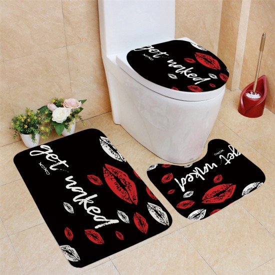 Red Funny Mouth Bathroom Shower Curtian Set Waterproof Toilet Lid Cover Pedestal Rug Non-slip Bath Mat Set