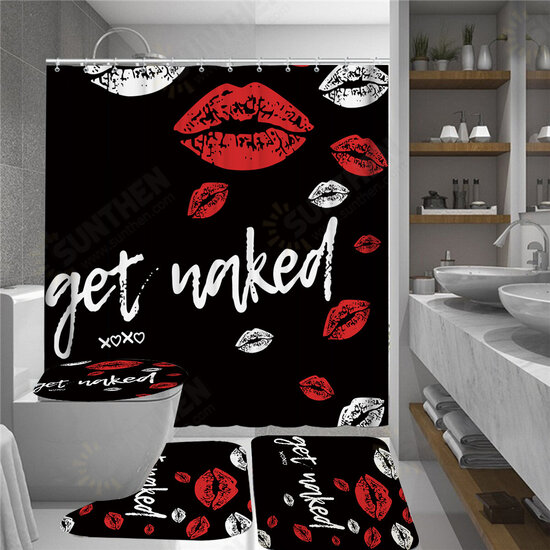 Red Funny Mouth Bathroom Shower Curtian Set Waterproof Toilet Lid Cover Pedestal Rug Non-slip Bath Mat Set