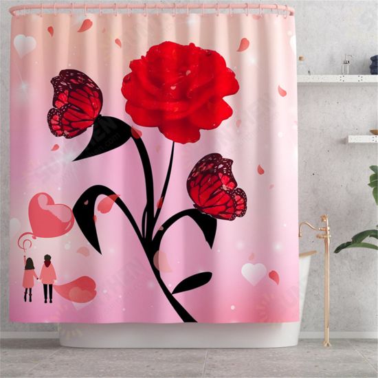 Rose Flower Waterproof Shower Curtain Non-Slip Rug Toilet Cover Bath Mat Decor