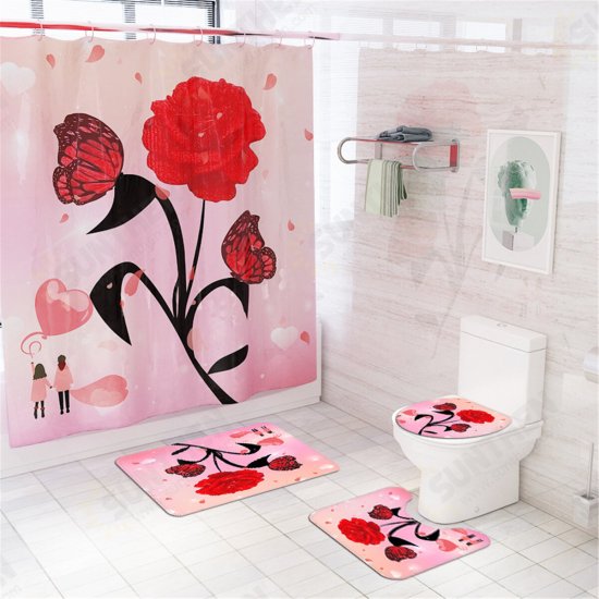 Rose Flower Waterproof Shower Curtain Non-Slip Rug Toilet Cover Bath Mat Decor