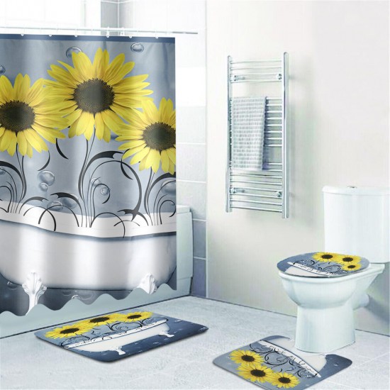 Sunflower Shower Curtain Non-Slip with Hooks Waterproof Fabric Bathroom Set