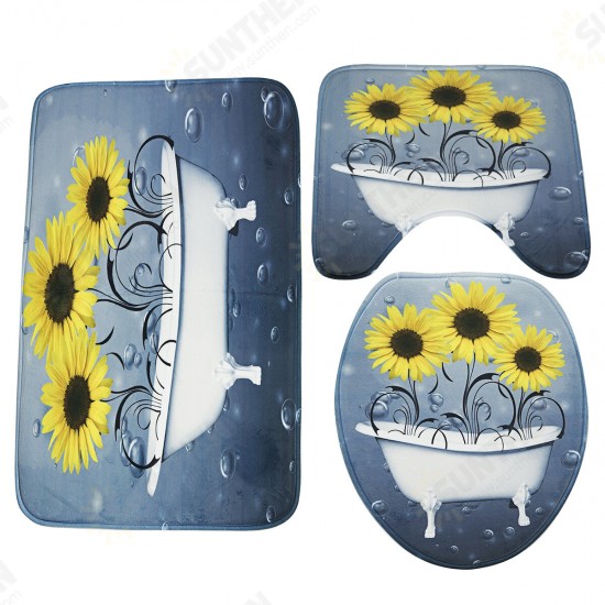 Sunflower Shower Curtain Non-Slip with Hooks Waterproof Fabric Bathroom Set