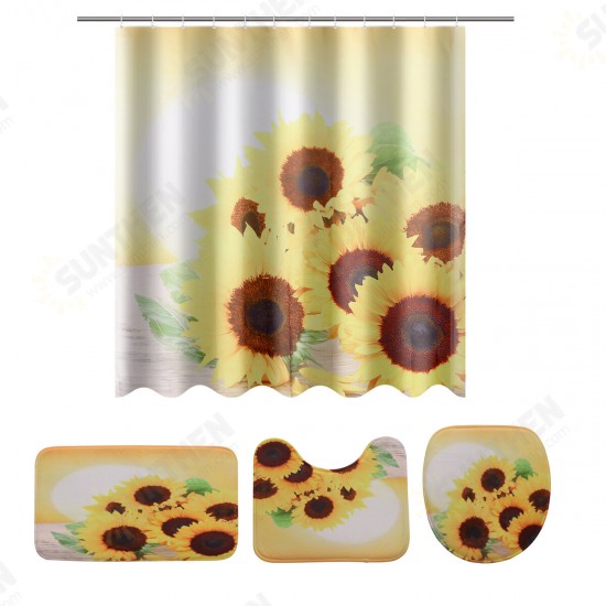 Sunflower Waterproof Shower Curtain Toilet Lid Cover Bathroom Non-slip Mat Set