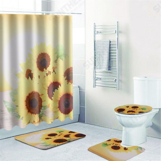 Sunflower Waterproof Shower Curtain Toilet Lid Cover Bathroom Non-slip Mat Set