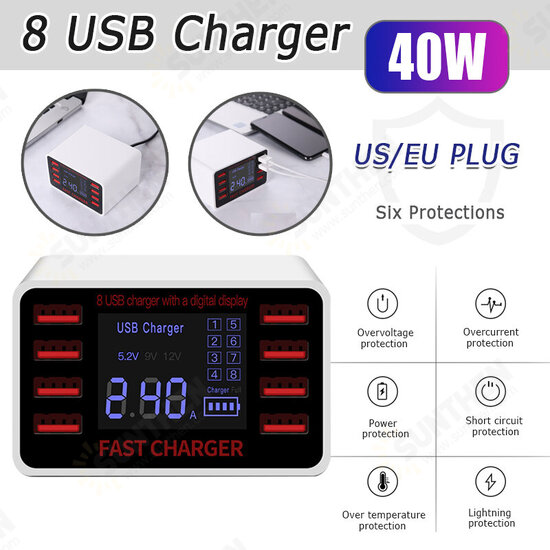 8 USB Charger 40W Multifunction Multi-USB Charging Station Hub Base Wall-mounted Smart Digital Dis