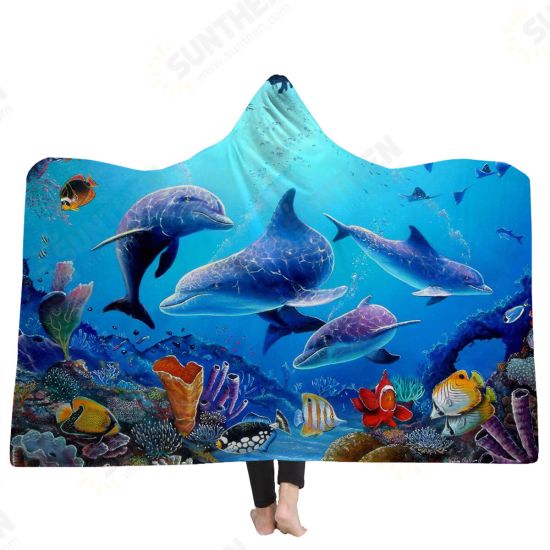 150x200cm Kid Adult Hooded Blankets Soft Ocean World Wearable Throw Blankets Cloak