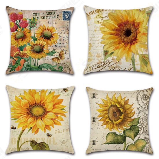 18 X 18 Inches Sunflower Throw Pillow Case Green Cushion Cover Cotton Linen Decorative Pillows Covers