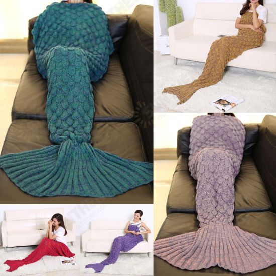 195x90cm Yarn Knitted Mermaid Tail Blankets Handmade Crochet Throw Super Soft Sofa Bed Mat