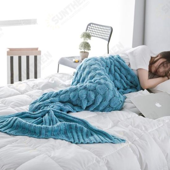 195x90cm Yarn Knitted Mermaid Tail Blankets Handmade Crochet Throw Super Soft Sofa Bed Mat