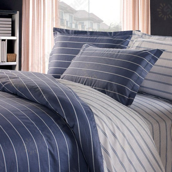 3 Or 4pcs Dark Blue Pure Cotton Taffeta Stripe Printed Bedding Sets