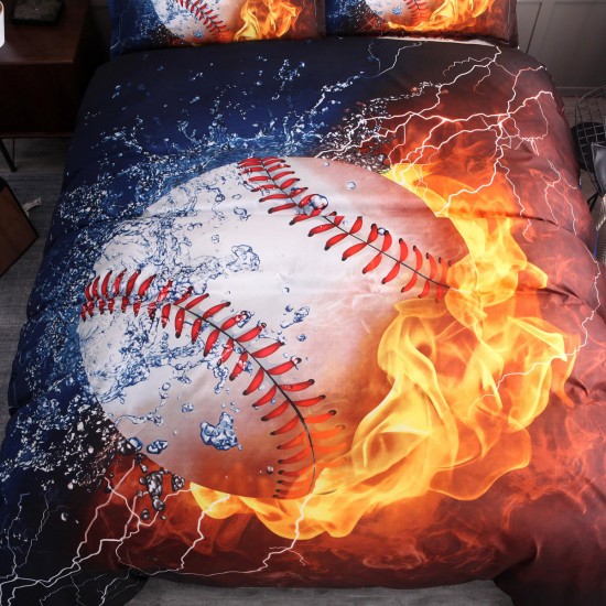 3PCS Bedding Sets Bedclothes Baseball Print Quilt Duvet Cover Pillowcase Decor