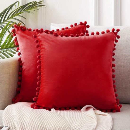 45*45cm Soft Velvet Pillow Covers Cute Pom Poms Throw Pillow Covers Square Cushion Case for Sofa Couch Home Decor
