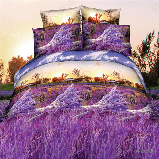 4pcs Suit Polyester Fiber 3D Lavender Reactive Dyeing Bedding Sets Queen King Size