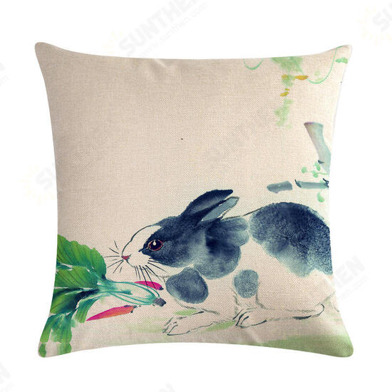 Chinese Watercolor Rabbit Printing Linen Cotton Throw Pillow Cover Home Sofa Office Seat Pillow Case