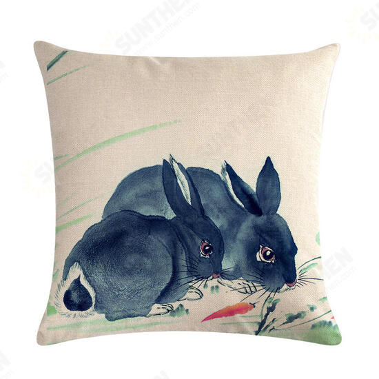 Chinese Watercolor Rabbit Printing Linen Cotton Throw Pillow Cover Home Sofa Office Seat Pillow Case