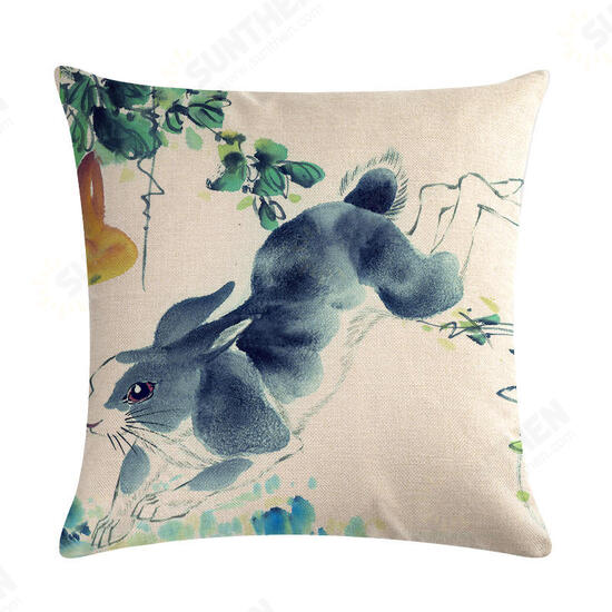 Chinese Watercolor Rabbit Printing Linen Cotton Throw Pillow Cover Home Sofa Office Seat Pillow Case