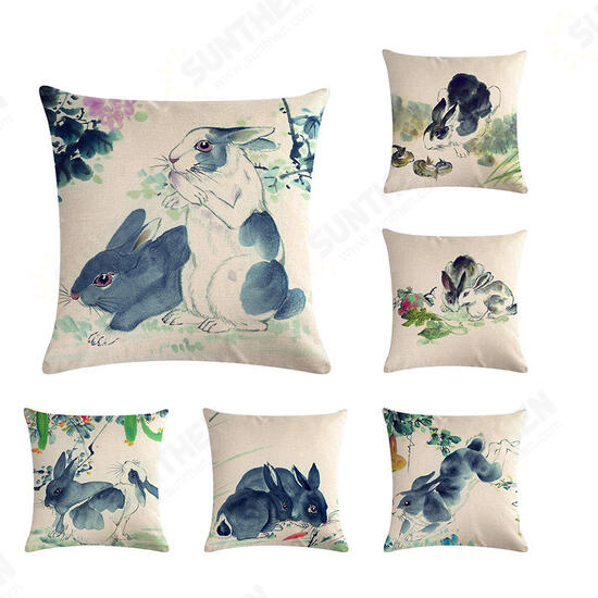 Chinese Watercolor Rabbit Printing Linen Cotton Throw Pillow Cover Home Sofa Office Seat Pillow Case