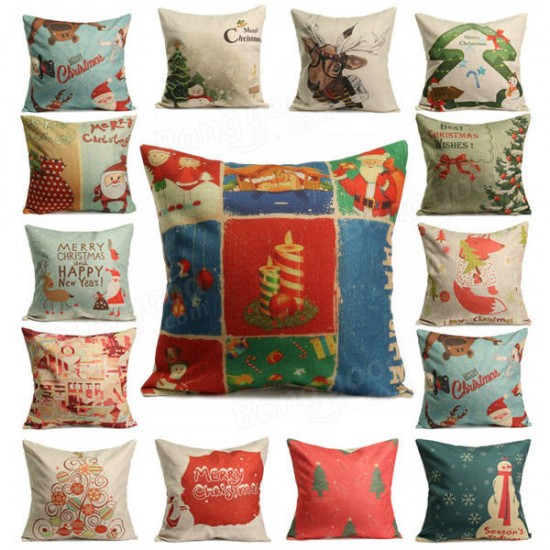 Christmas Santa Reindeer Cotton Linen Throw Pillow Case Sofa Car Gifts Cushion Cover