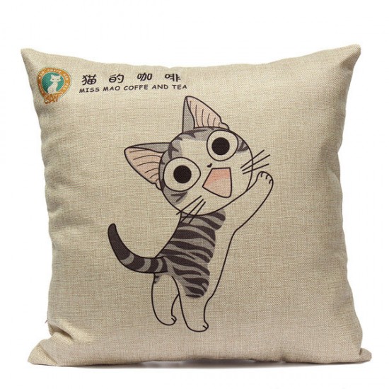 Linen Cartoon Cat Throw Pillow Case Car Cushion Cover Decorative