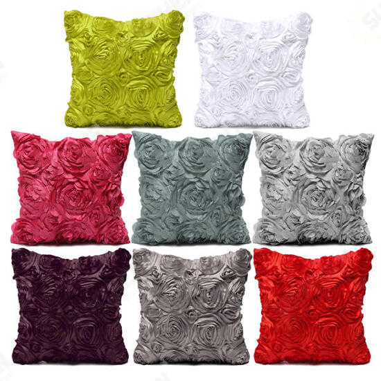 Satin 3D Rose Flower Square Pillow Cases Home Sofa Wedding Decor Cushion Cover