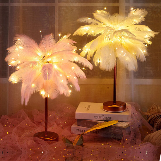 96LED Feather Desk Lamp Light Copper Modern Remote Control Lighting Bedside Lamp