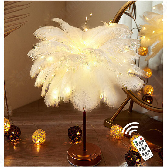 96LED Feather Desk Lamp Light Copper Modern Remote Control Lighting Bedside Lamp