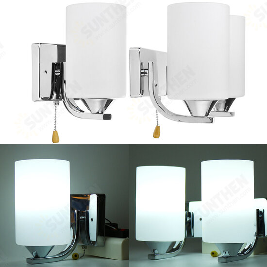 Bedroom Glass Wall Sconce Light Indoor Fixture Bedside Lamp+LED Bulb Pull Switch