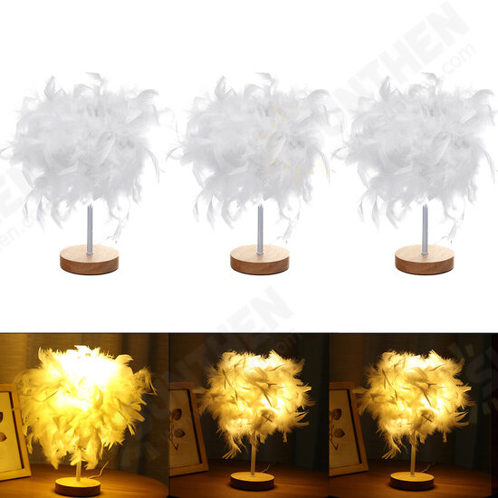 USB Modern White Feather Shade Table Lamp Lampshade Elegant Bedside Desk Night Light Home Bedroom Decor