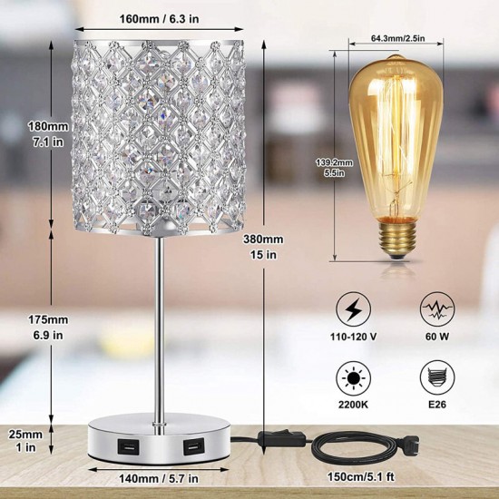 USB Rechargeable Crystal Desk Lamp Touch Dimming Bedside Lights Bedroom LED Night Light with Light Source