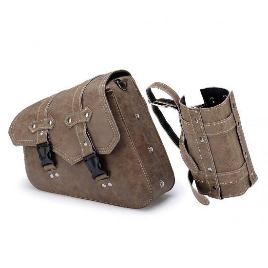 Left/ Right Side Universal Motorcycle Saddlebag Tool Storage Waterproof PU Leather Panniers Bag with Bottle Holder