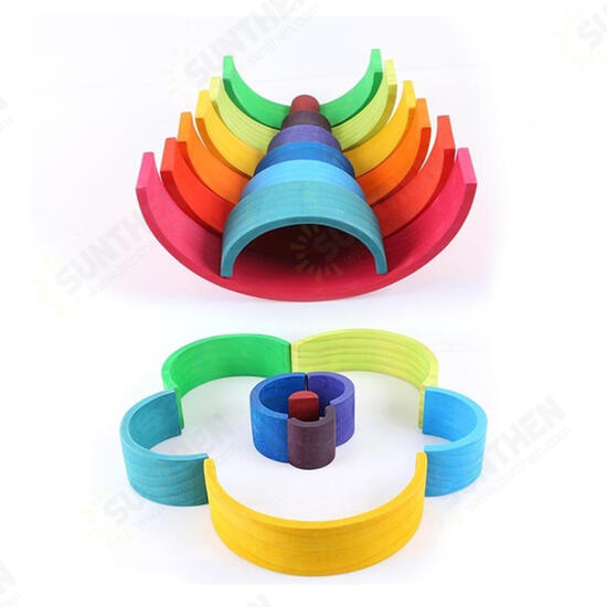 12 Pcs Baby Toys Rainbow Blocks Wooden Rainbow Stacker Nesting Puzzle Creative Montessori Building Blocks Educational Toys