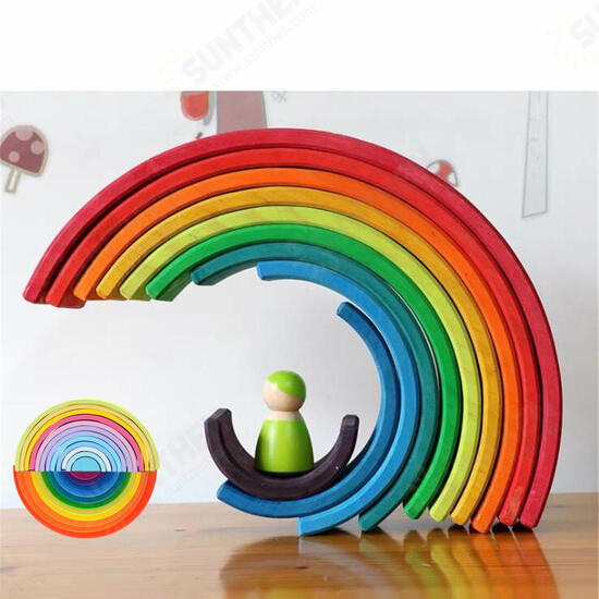 12 Pcs Baby Toys Rainbow Blocks Wooden Rainbow Stacker Nesting Puzzle Creative Montessori Building Blocks Educational Toys